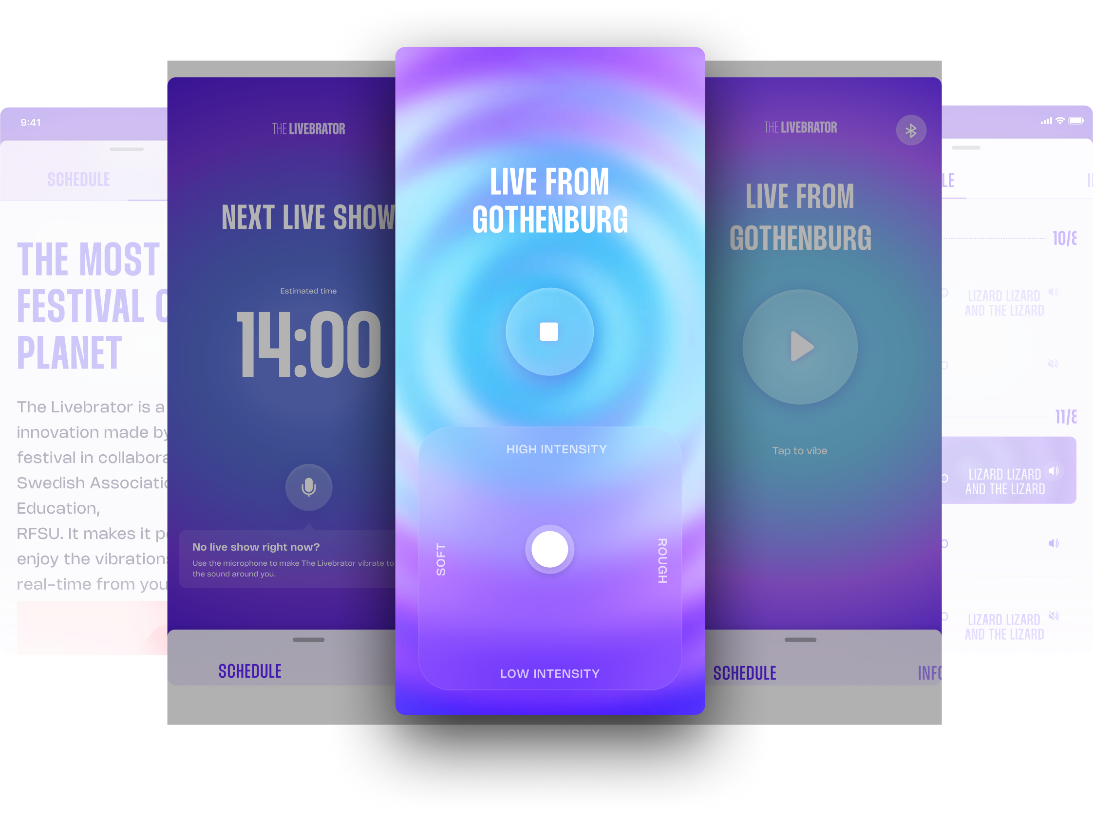 Screenshots from the Livebrator app